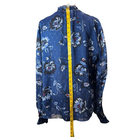 White House Black Market Blue Floral Blouse | Size 14 | Ruffle Neck | 26" Length - Picture 8 of 9